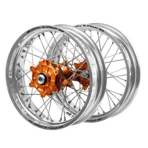 Gas Gas Haan Cush Drive Orange Hubs / SM Pro Platinum Silver Rims Supermotard Wheel Set