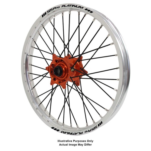 KTM 950-990 Adventure Haan Orange Hubs / SM Pro Platinum Silver Rims / Black Spokes Front Wheel
