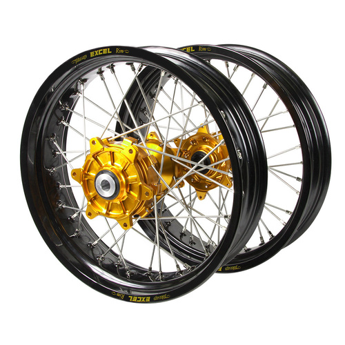 Gas Gas Haan Cush Drive Gold Hubs / Excel Black Rims Supermoto Wheel Set