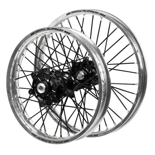 Yamaha Haan Cush Drive Black Hubs / SM Pro Platinum Silver Rims / Black Spokes Wheel Set