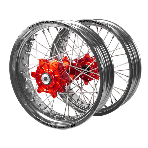 Fantic Haan Cush Drive Red Hubs / SM Pro Platinum Silver Rims Supermotard Wheel Set