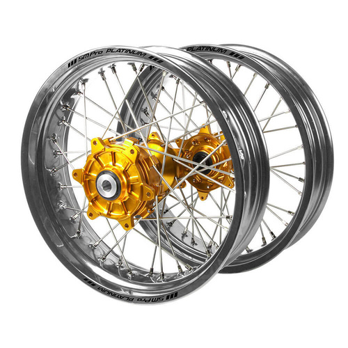 Husaberg Haan Cush Drive Gold Hubs / SM Pro Platinum Silver Rims Supermotard Wheel Set