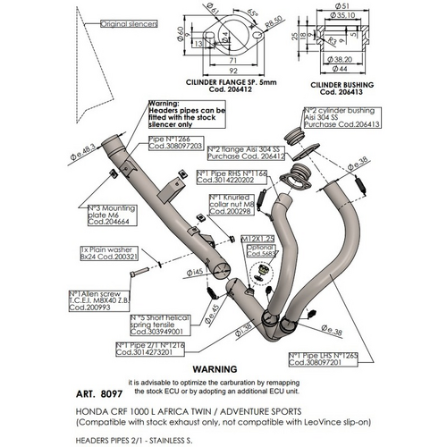 LV HEAD PIPES | STAINLESS | CRF 1000 L AF TWIN / ADV SPRT 18>19 (only with orig. exhaust)