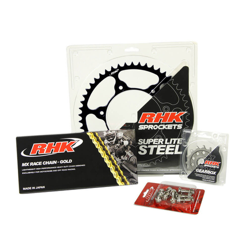 RHK Gas Gas Gold MX Chain & Black Super Lite Steel Sprocket Kit