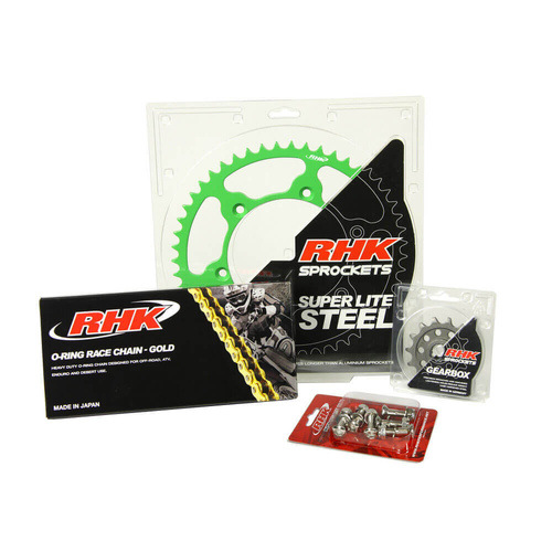 RHK Yamaha Gold O-Ring Chain & Green Super Lite Steel Sprocket Kit