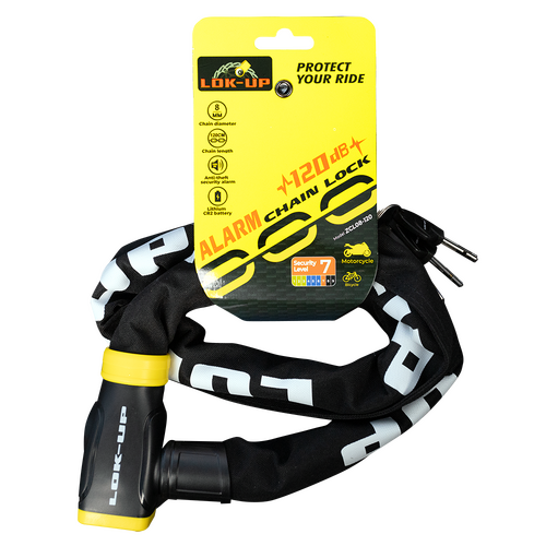 LOK-UP CHAIN & 'Built-in ALARM LOCK 120db' (8mm x 8mm x 1.2m) Black/Yellow (Heat-Hardened Chain) #ZCL