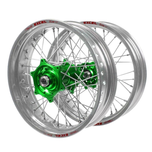 Kawasaki SM Pro Green Hubs / Excel Silver Rims Dirt Track Wheel Set