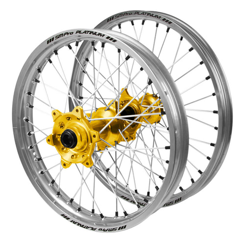 Suzuki SM Pro Gold Hubs / SM Pro Platinum Silver Rims / Black Nipples Wheel Set