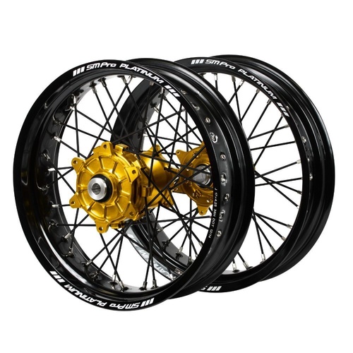 Suzuki SM Pro Cush Drive Gold Hubs / SM Pro Platinum Black Rims Supermotard / Black Spokes Wheel Set