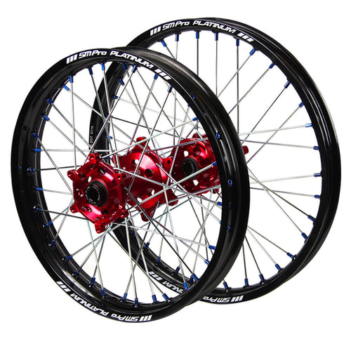 Honda SM Pro Red Hubs / SM Pro Platinum Black Rims / Blue Nipples Wheel Set