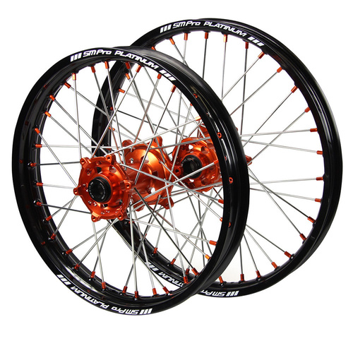 Husaberg SM Pro Orange Hubs / SM Pro Platinum Black Rims / Orange Nipples Wheel Set