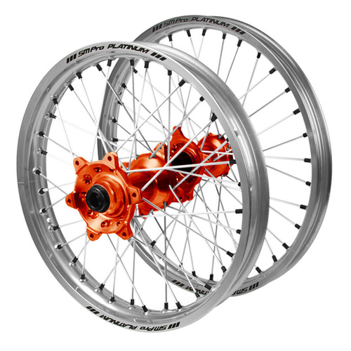 Husaberg SM Pro Orange Hubs / SM Pro Platinum Silver Rims / Black Nipples Wheel Set