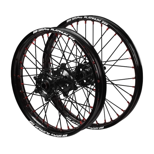 Suzuki SM Pro Black Hubs / SM Pro Platinum Black Rims / Red Nipples / Black Spokes Wheel Set