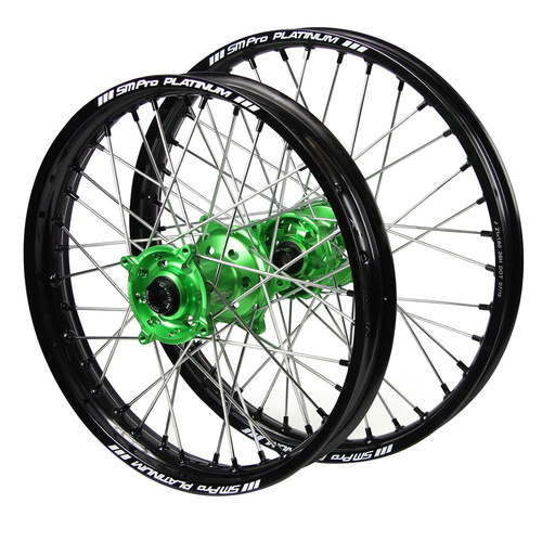 Kawasaki SM Pro Green Hubs / SM Pro Platinum Black Rims / Black Nipples Wheel Set