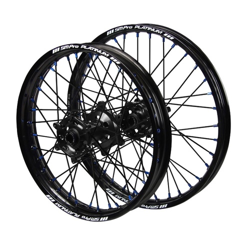 Kawasaki SM Pro Black Hubs / SM Pro Platinum Black Rims / Blue Nipples / Black Spokes Wheel Set