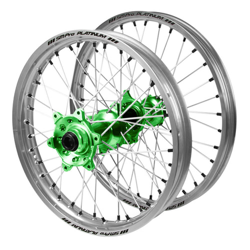Kawasaki SM Pro Green Hubs / SM Pro Platinum Silver Rims / Black Nipples Wheel Set
