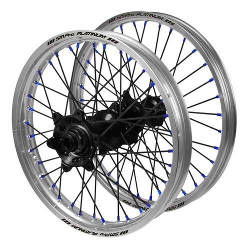 Kawasaki SM Pro Black Hubs / SM Pro Platinum Silver Rims / Blue Nipples / Black Spokes Wheel Set