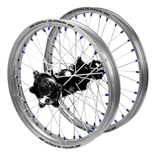 Kawasaki SM Pro Black Hubs / SM Pro Platinum Silver Rims / Blue Nipples Wheel Set