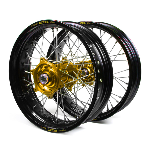 Gas Gas Talon / Excel Supermoto Non Cush" Black Rims / Gold Hubs Wheel Set All Model 2007-14 (17*3.50 / 17*4.25)"